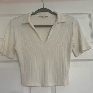 Elegant Cream Ribbed Short Sleeve Polo Top